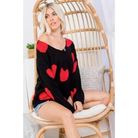 Black Red Multi Heart Knit V-Neck Valentines Day Long Sleeve Relaxed Sweater - Picture 7 of 10